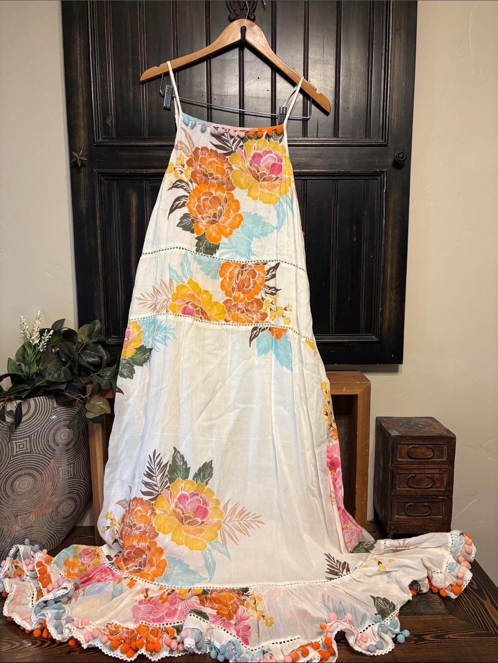 FARM Rio White Maxi Dress with Orange, Pink & Aqua Floral Print